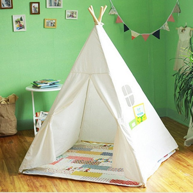 Four Poles Children Teepees Kids Play Tent Cotton Canvas Teepee White Playhouse for Baby Room Tipi