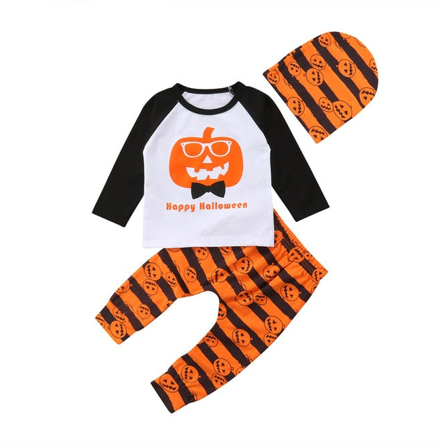 Infant Newborn Baby Boy Girls Pumpkin Halloween Costume Clothes Set Top Long Sleeve Pants Hat Outfit Party Clothing 0-3T